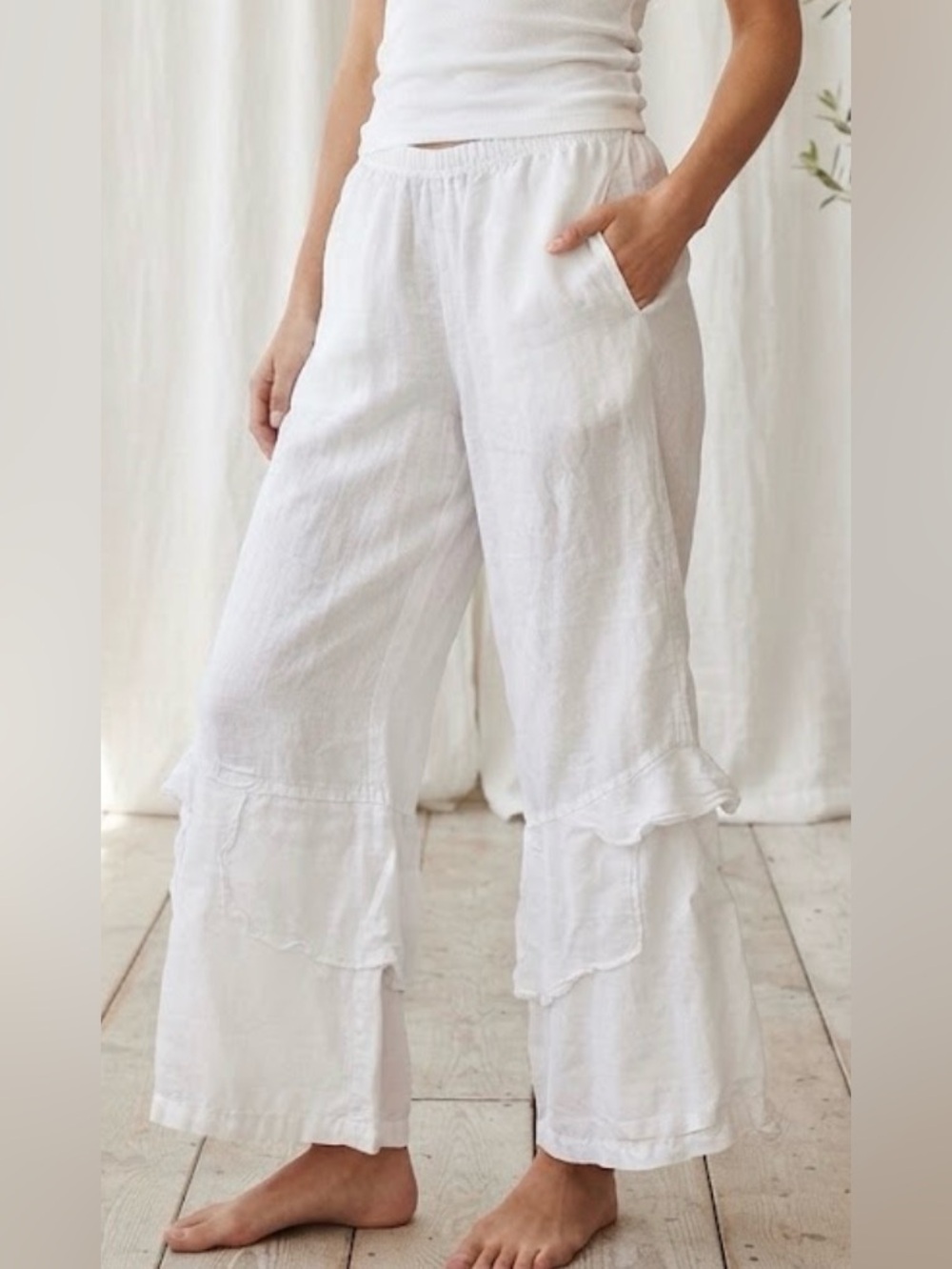 Click by Color Me Cotton White Ruffle Hem Pants M- Soft Lightweight USA Made